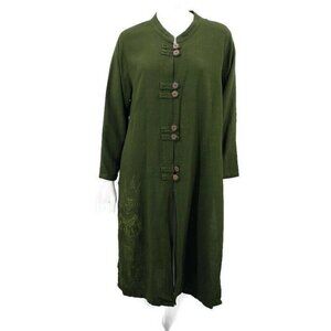 Endless Knot Art Jacket Womens Small Tibetan Goddess Print Tunic Green Linen